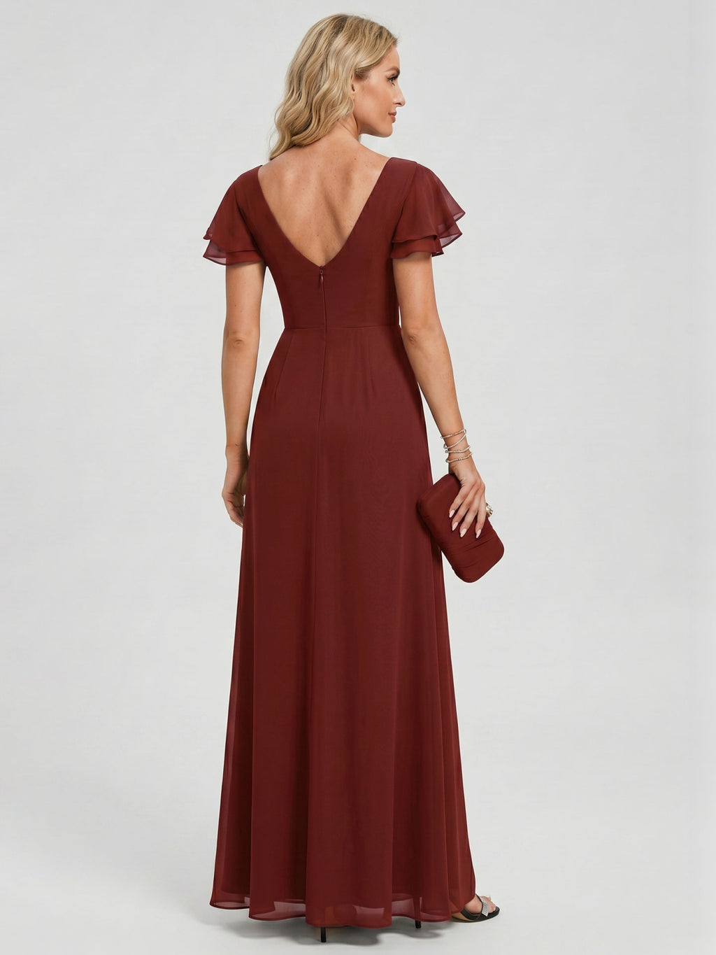 Modest Burgundy Chiffon A-Line Scoop Neck V-Back with nan Ankle-Length Bridesmaid Dress