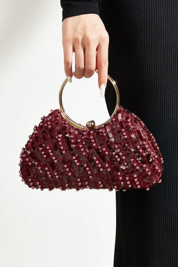 Deep Wine Red All Over Flat Sequin Curved Clutch Bag Large Gold Circle Ring Handheld Handle