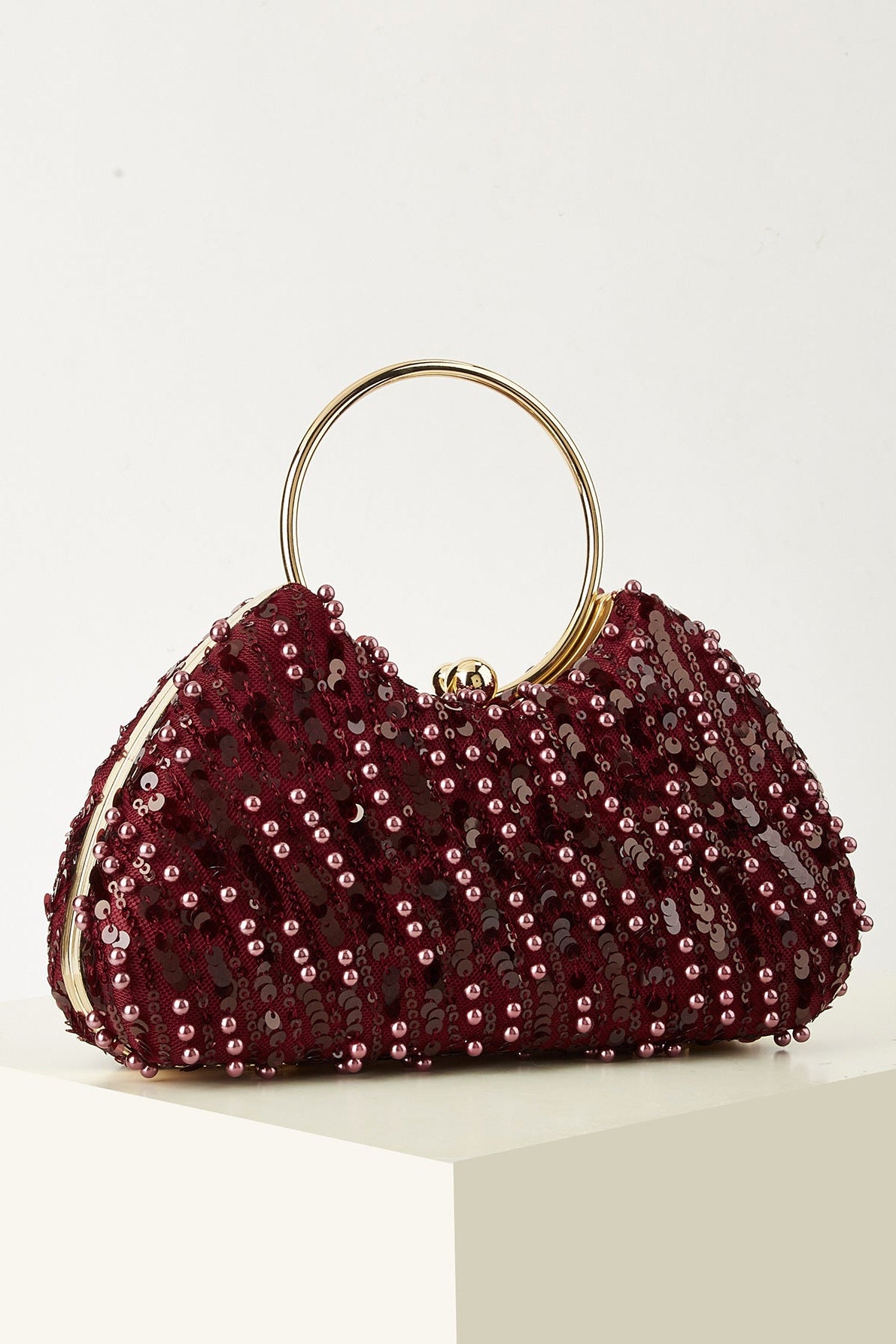 Deep Wine Red All Over Flat Sequin Curved Clutch Bag Large Gold Circle Ring Handheld Handle
