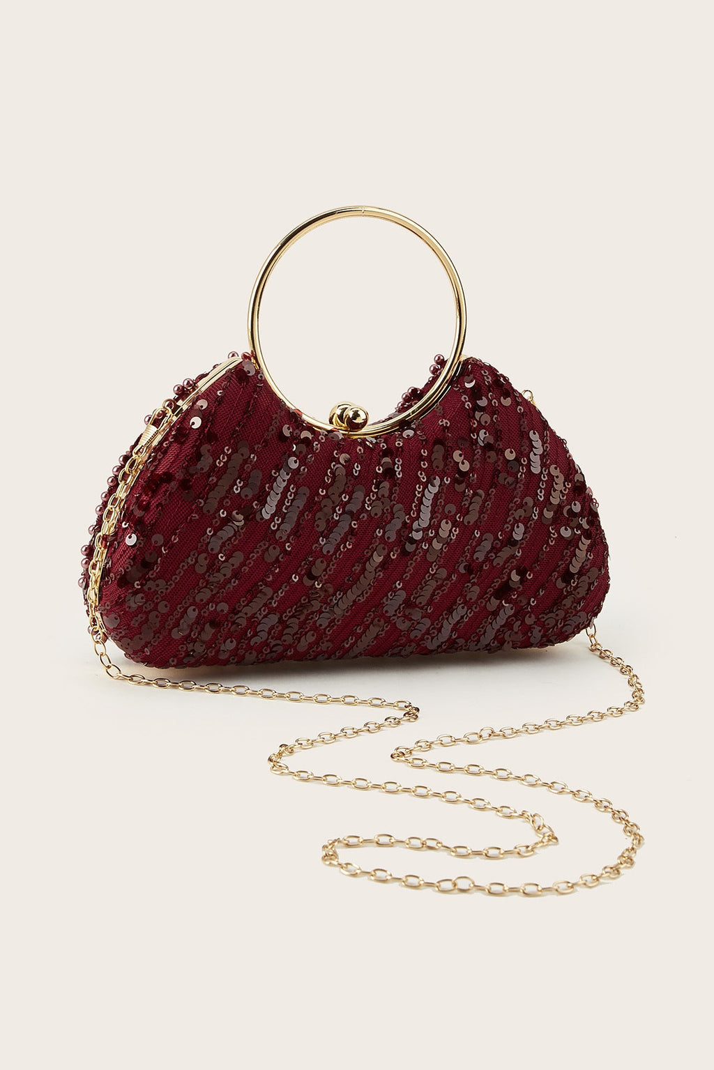 Deep Wine Red All Over Flat Sequin Curved Clutch Bag Large Gold Circle Ring Handheld Handle