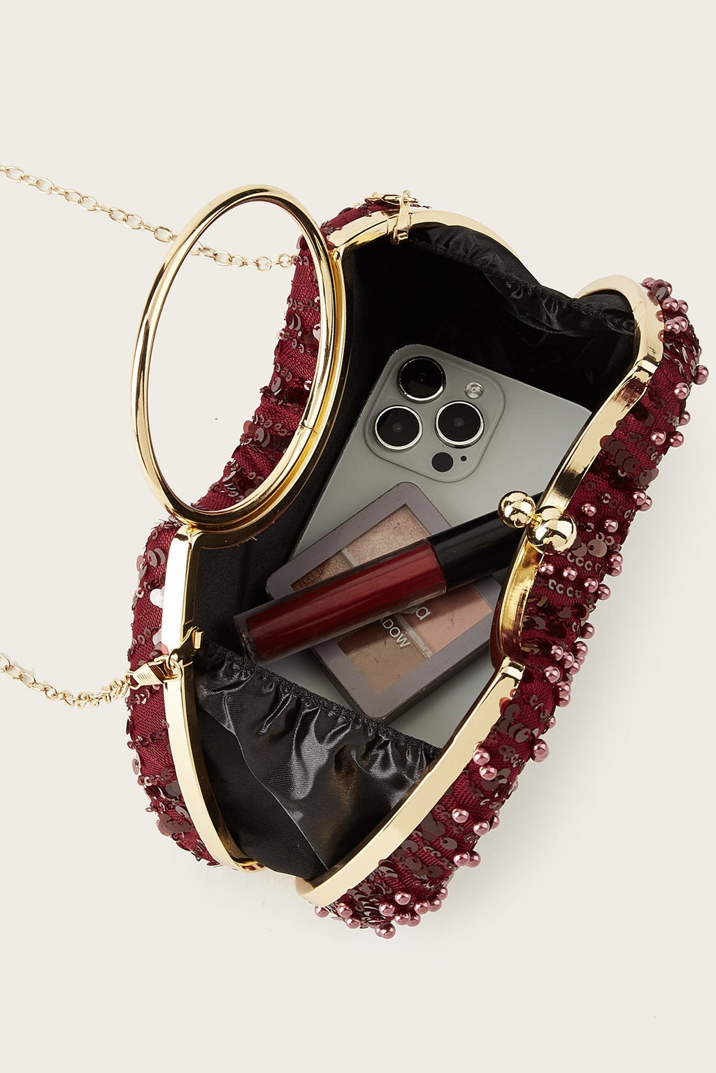 Deep Wine Red All Over Flat Sequin Curved Clutch Bag Large Gold Circle Ring Handheld Handle