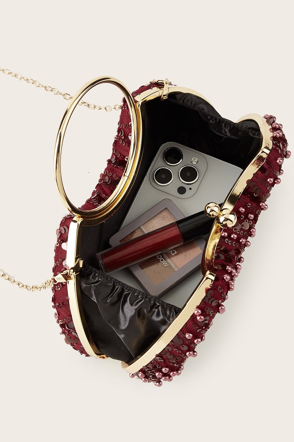 Deep Wine Red All Over Flat Sequin Curved Clutch Bag Large Gold Circle Ring Handheld Handle