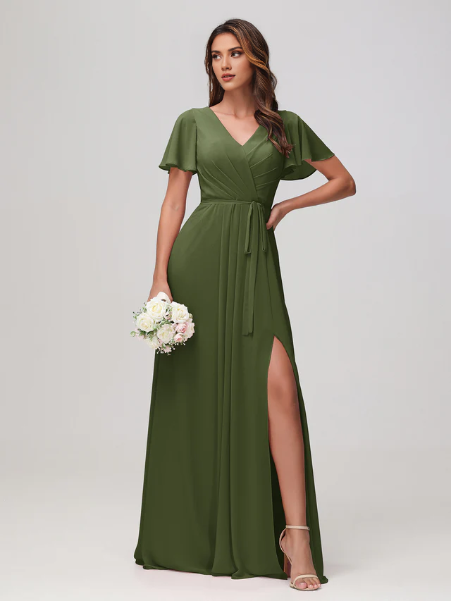 Chiffon Short-Sleeve V-Neck Ruched Bodice High-Slit A-Line Floor-Length Bridesmaid Dresses