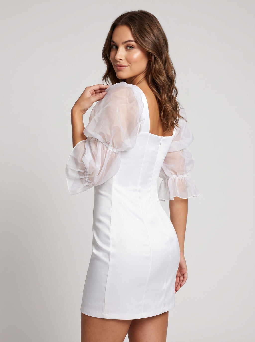 White Satin Column Square Neck Back Zip Short Dress with Puff Sleeves