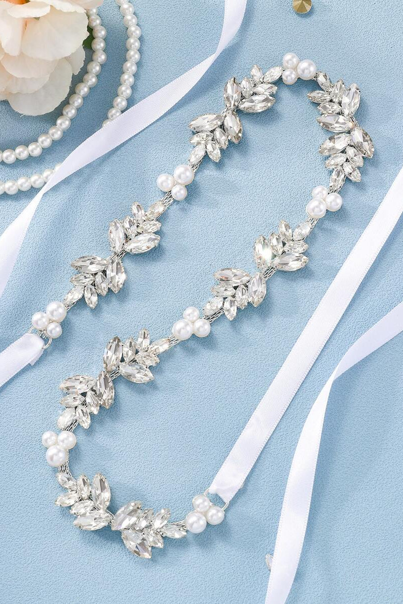 Pearl Rhinestone Bridal Sash Crystal Leaf Wedding Dress Belt For Bride