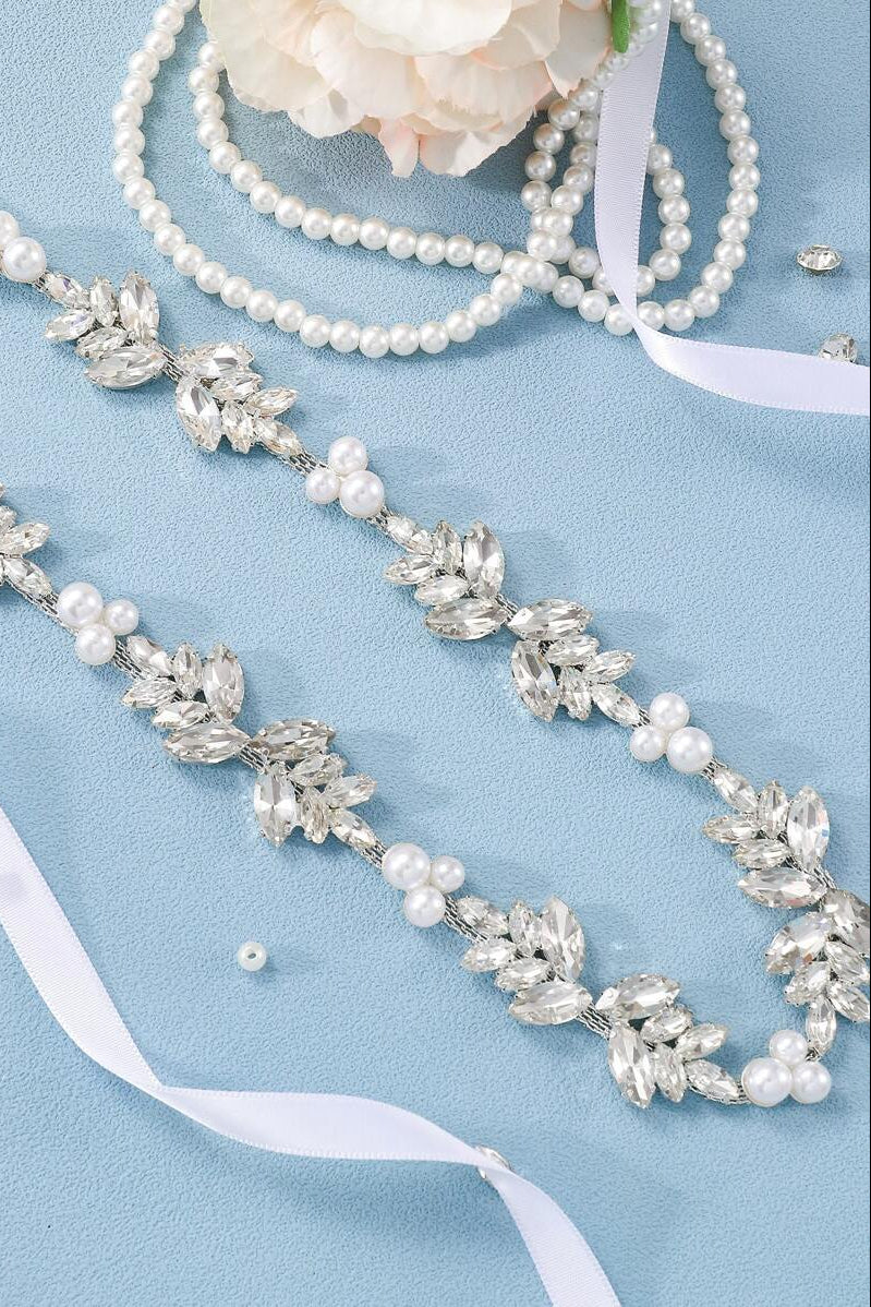 Pearl Rhinestone Bridal Sash Crystal Leaf Wedding Dress Belt For Bride