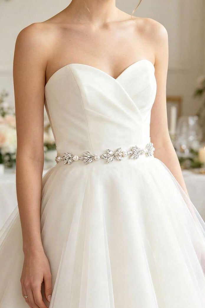 Pearl Rhinestone Bridal Sash Crystal Leaf Wedding Dress Belt For Bride