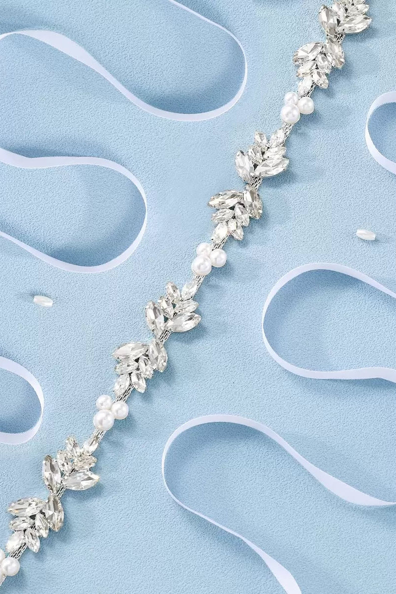 Pearl Rhinestone Bridal Sash Crystal Leaf Wedding Dress Belt For Bride