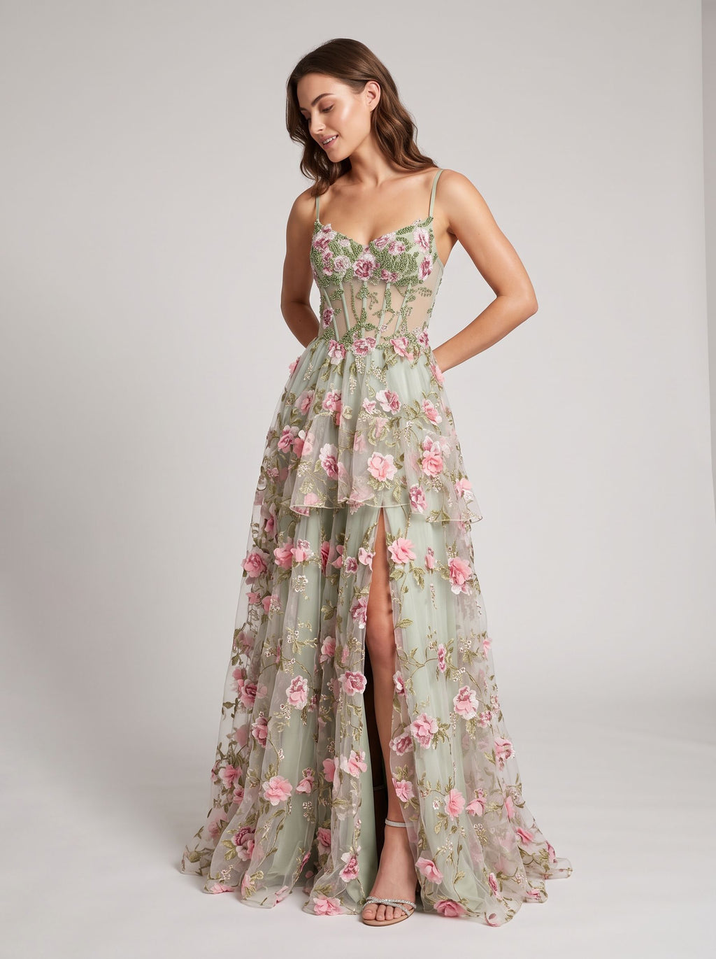 Sage Green Tulle A-Line Sweetheart Lace-up Floor-Length Dress with Sheer Corset