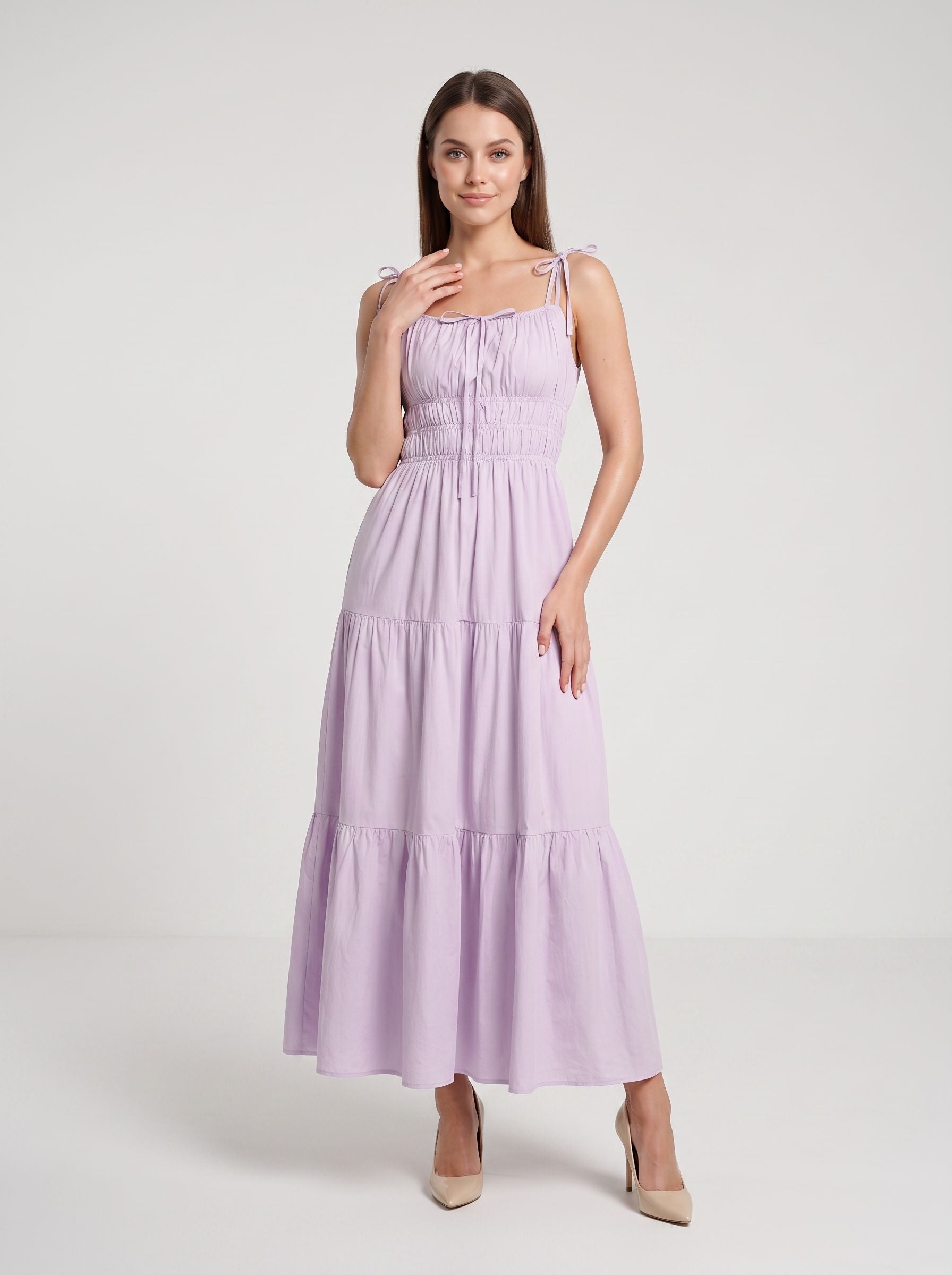 Lavender Matte Satin A-Line Square Neck Backless Ankle-Length Dress with Tiered Skirt and Adjustable Straps