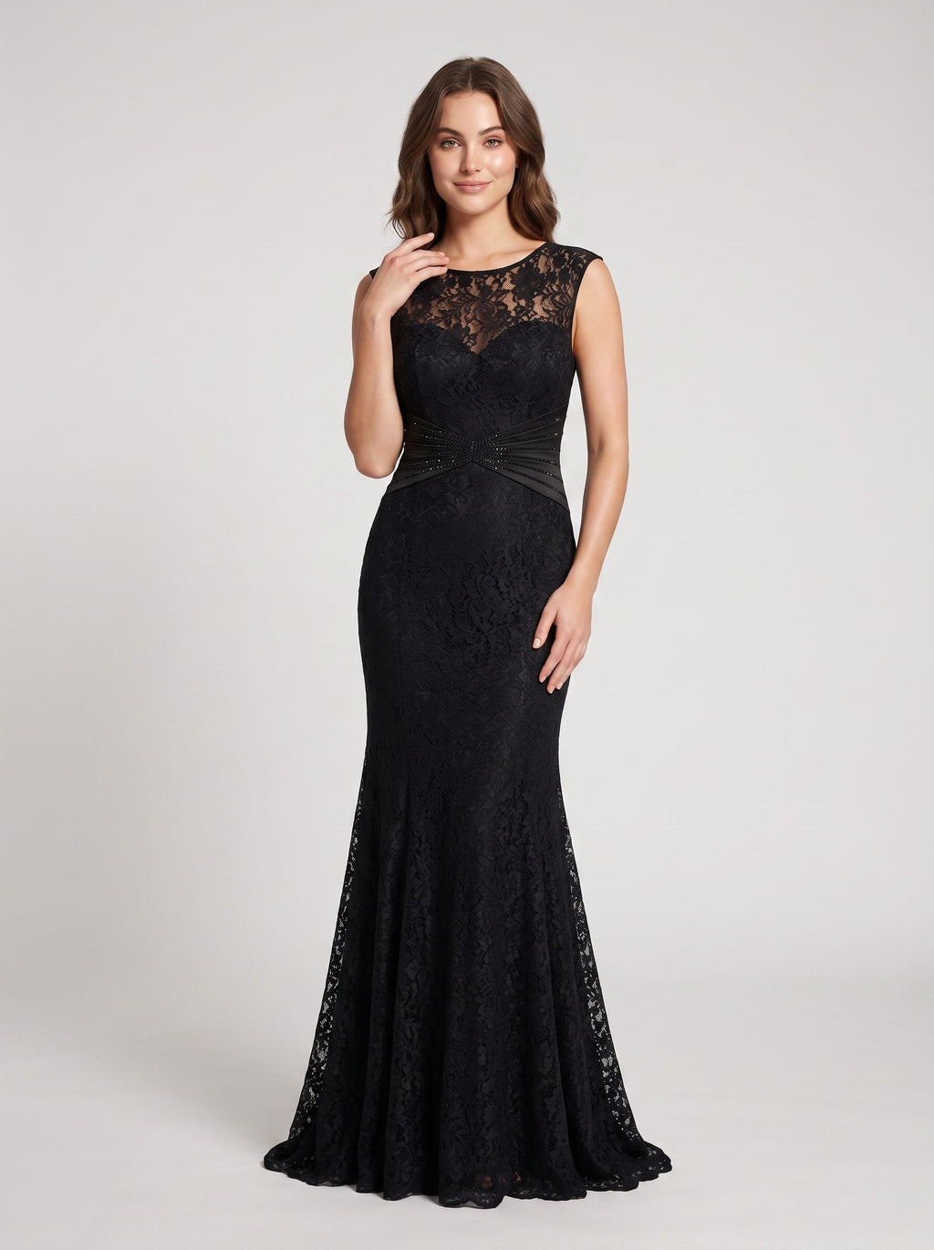 Black Lace Mermaid Scoop Neck V-Back Floor-Length Dress with Beaded bodice & Cap sleeves