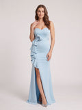 Sky Blue Satin Mermaid Sweetheart Back Zip Floor-Length Dress with Foldover Cuff