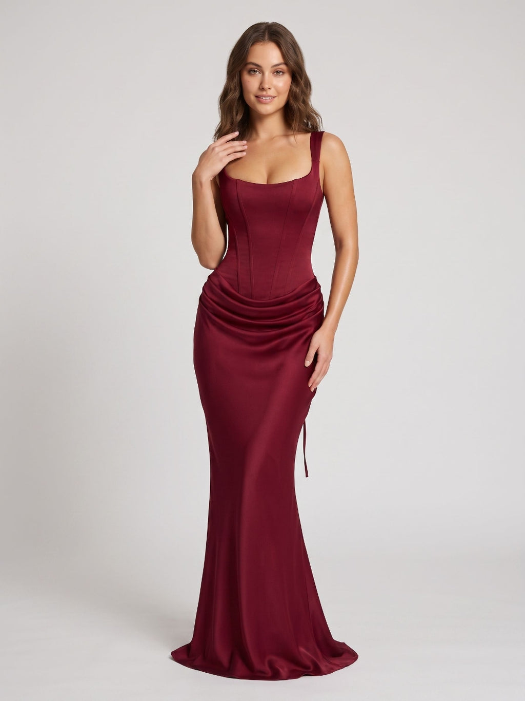 Burgundy Satin Mermaid Square Neck Lace-Up Back Floor Length Dress