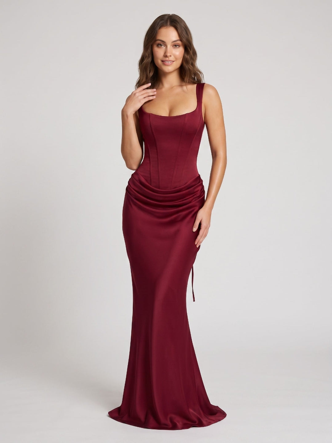 Burgundy Satin Mermaid Square Neck Lace-Up Back Floor Length Dress