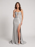 Silver Satin column Sweetheart Corset Back Floor-Length Dress with Sheer Bodice and Slit