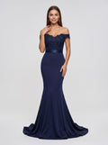 Navy Blue Matte Satin Mermaid Off-the-Shoulder Back Zip Floor-Length Dress with Sweep Train