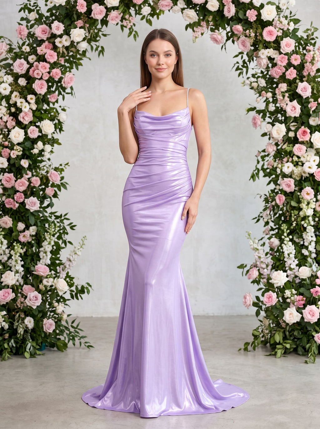 Lavender Satin Mermaid Cowl Neck Back Zip Floor-Length Dress with Draped Neckline