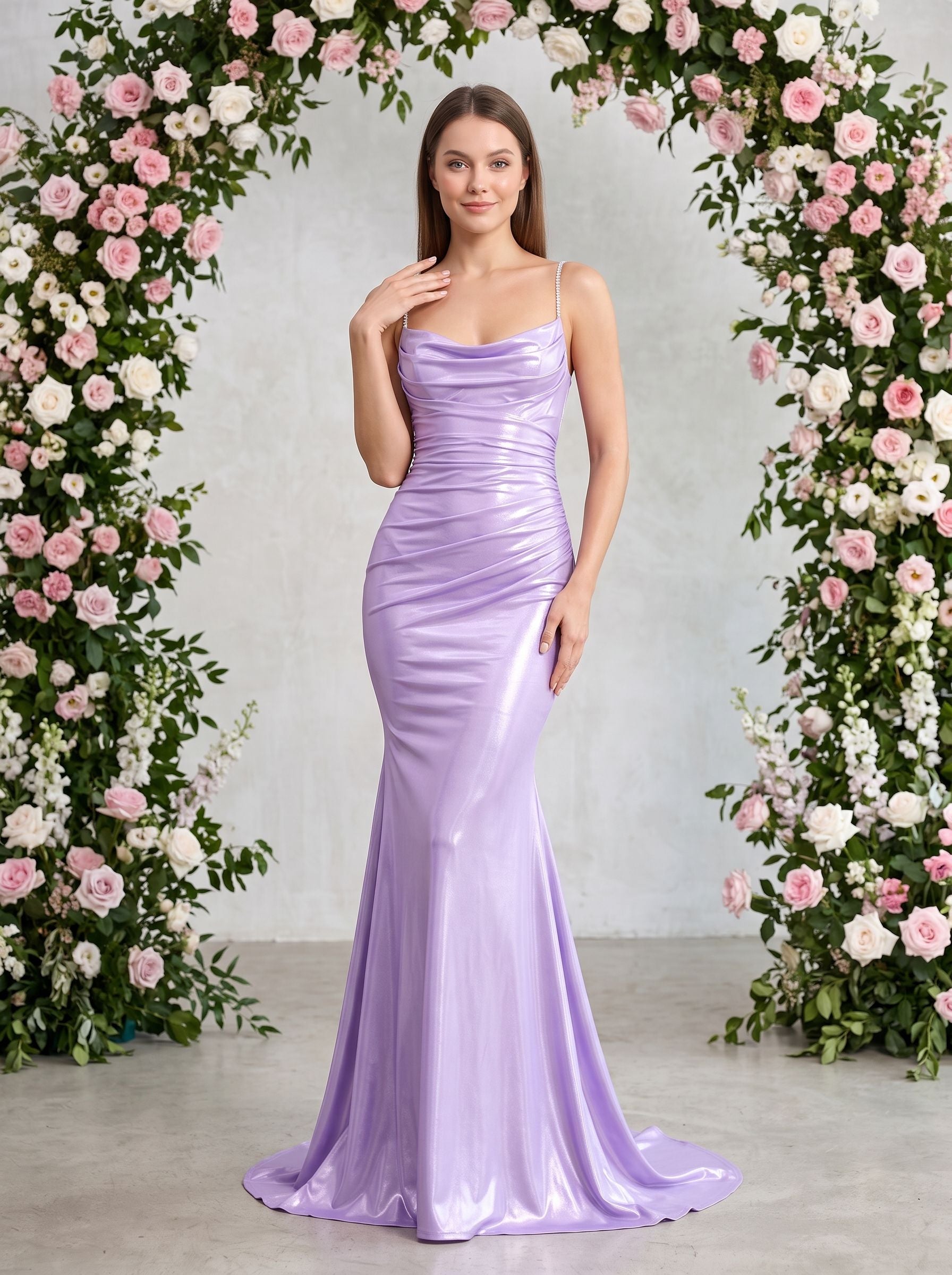 Lavender Satin Mermaid Cowl Neck Back Zip Floor-Length Dress with Draped Neckline