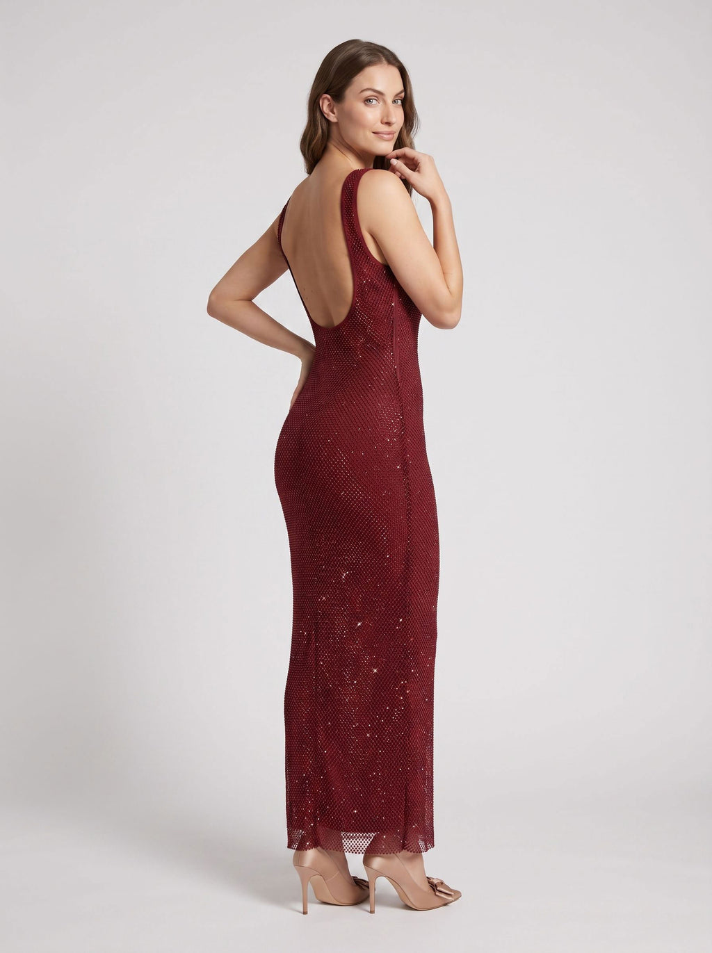 Wine Rhinestone Mesh Sheath Square Neck Backless Floor-Length Dress
