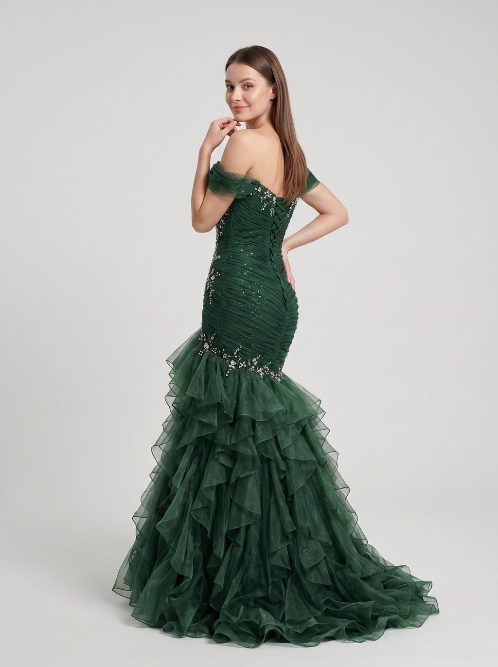 Forest Green Organza Mermaid Sweetheart Lace-Up Back Floor Length Dress