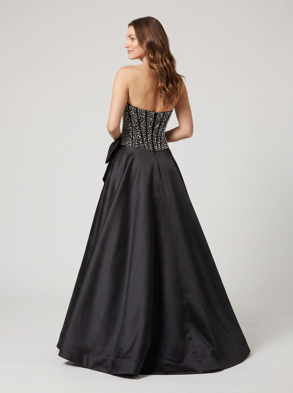 Black Satin A-Line Straight Neck Back Zip Floor-Length Dress with Beaded Bow