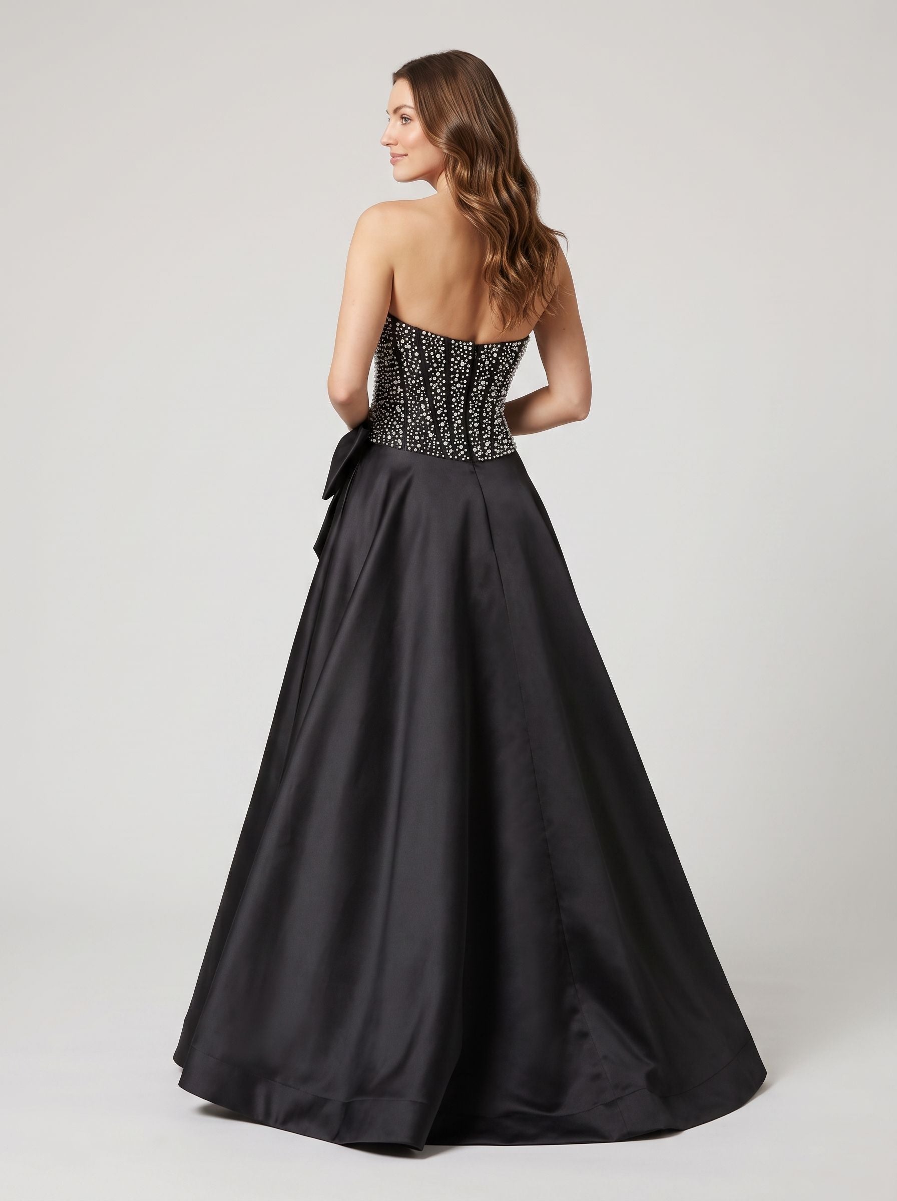 Black Satin A-Line Straight Neck Back Zip Floor-Length Dress with Beaded Bow