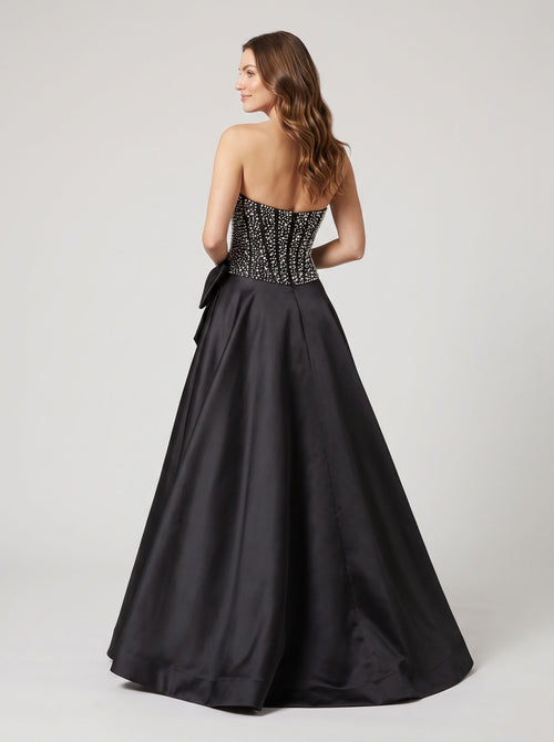 Black Satin A-Line Straight Neck Back Zip Floor-Length Dress with Beaded Bow