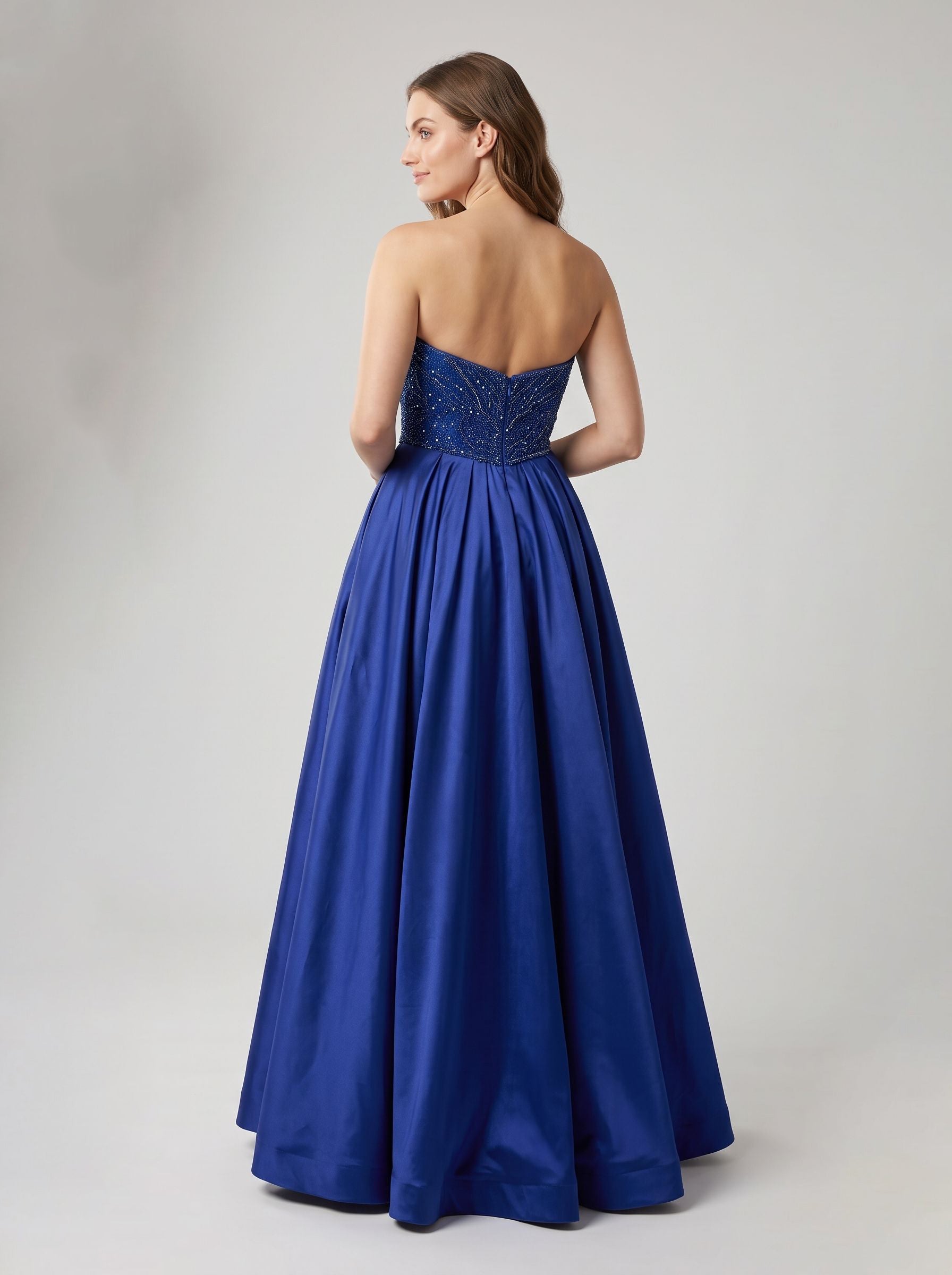 Navy Satin A-Line V-Neck Back Zip Floor-Length Dress with Beaded Bodice & Slit