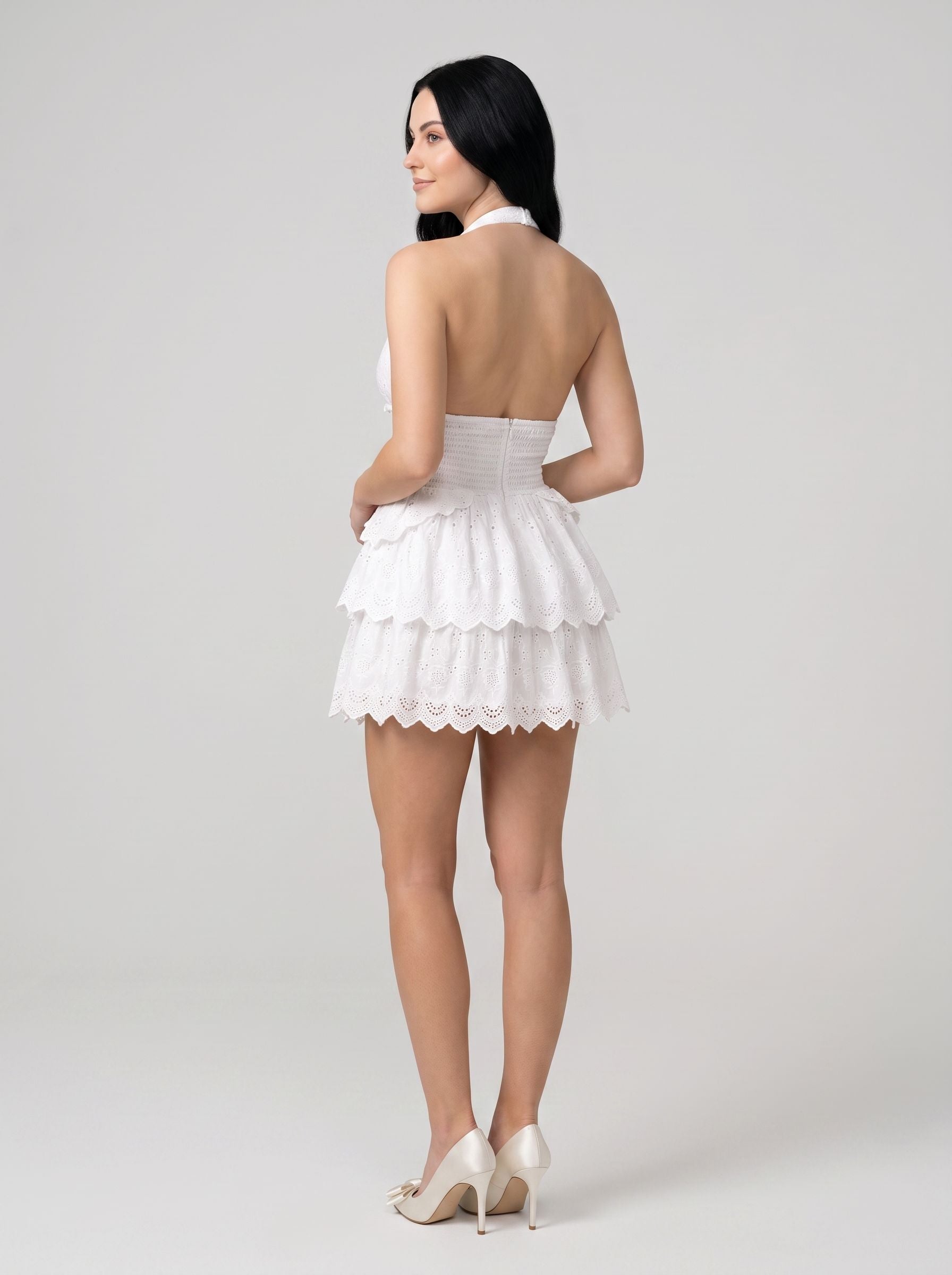 White Lace A-Line Halter neckline Back Zip Short Dress