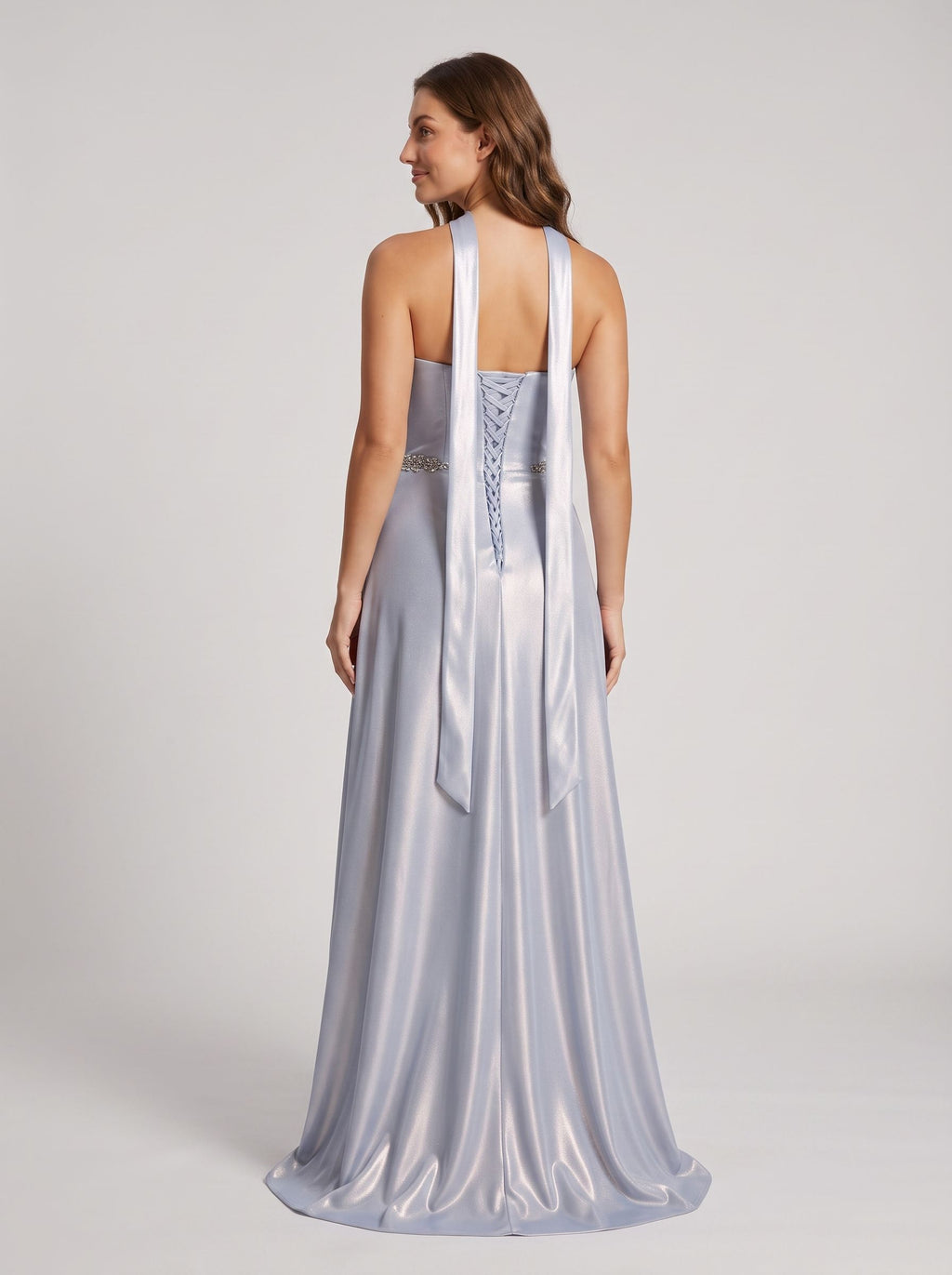 Silver Satin A-Line Straight Neck Criss-Cross Straps Floor-Length Dress with Crystal Belt