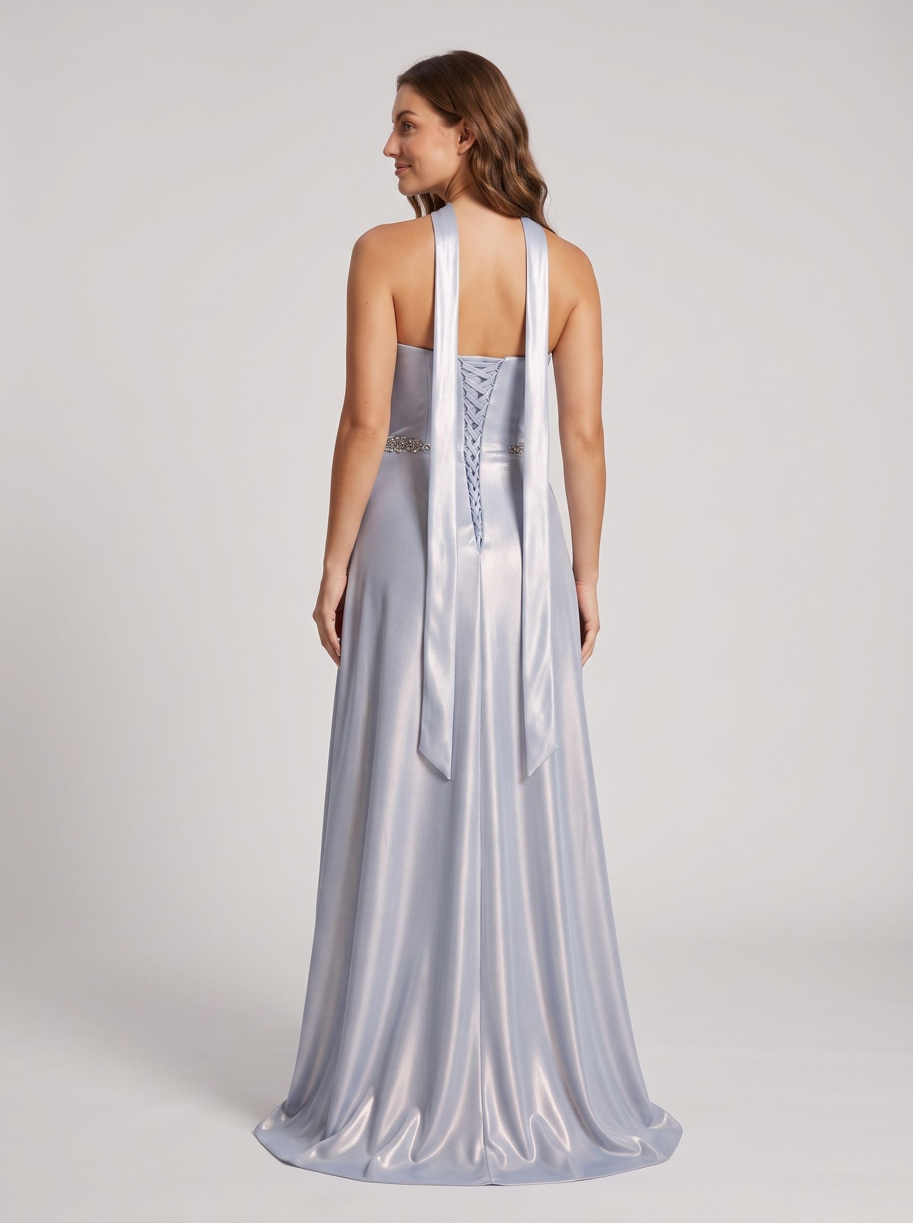 Silver Satin A-Line Straight Neck Criss-Cross Straps Floor-Length Dress with Crystal Belt