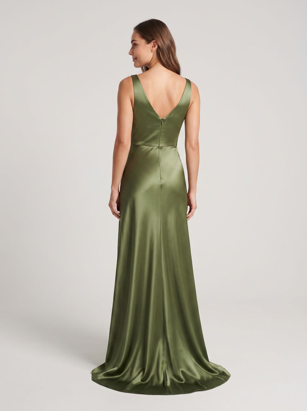Olive Green Satin A-Line V-Neck V-Back Floor-Length Dress with Pleated Bodice