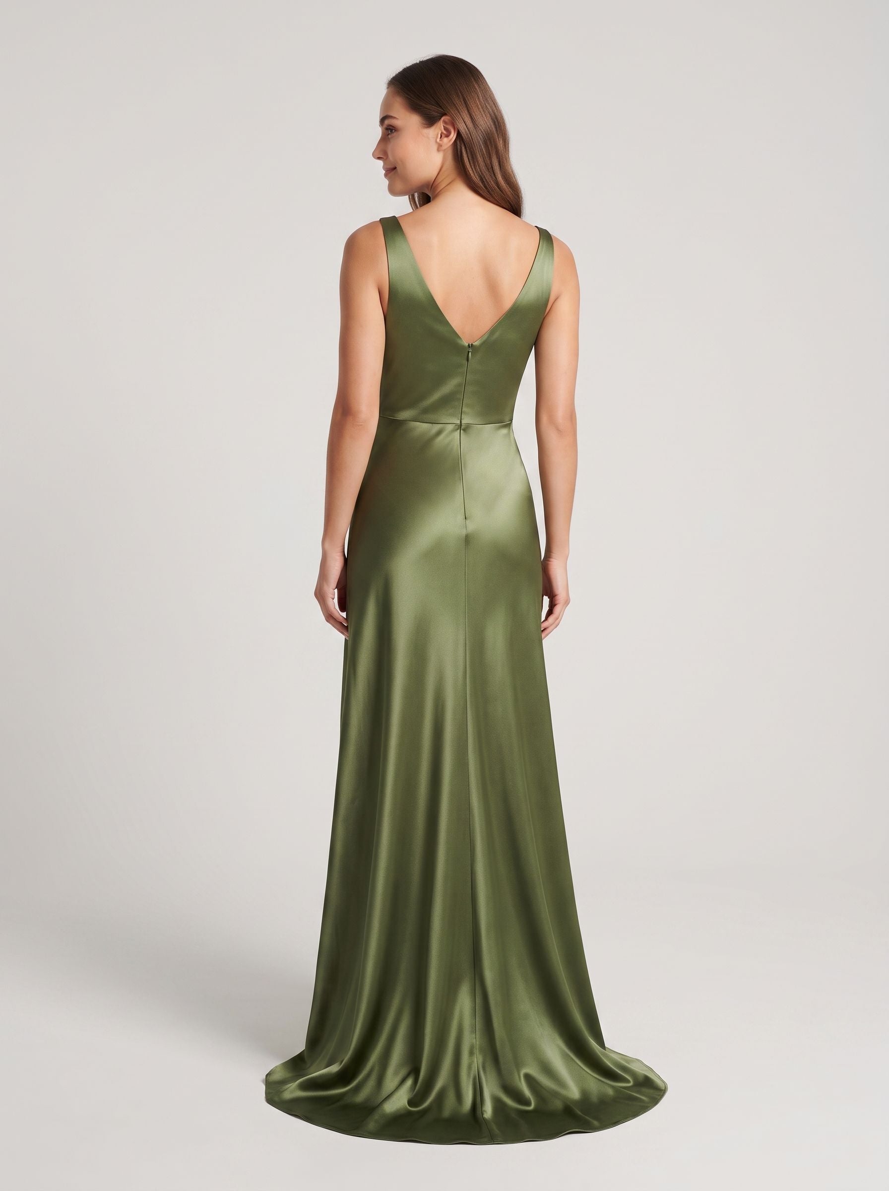 Olive Green Satin A-Line V-Neck V-Back Floor-Length Dress with Pleated Bodice