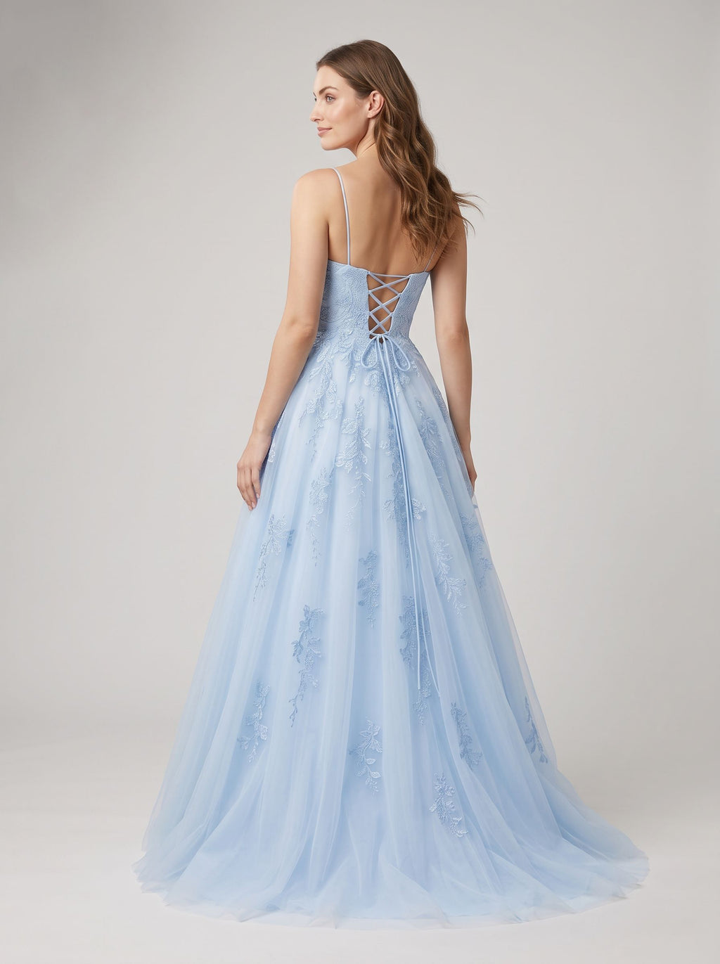Mist Lace & Tulle A-Line Straight Neck Lace-up Floor-Length Dress with Embroidered Lace Bodice