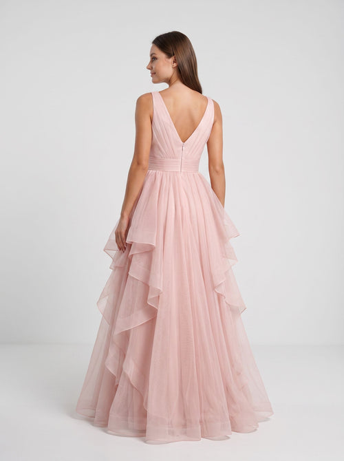 Blushing Pink Tulle A-Line V-Neck Back Zip Floor-Length Dress with Tiered Tulle