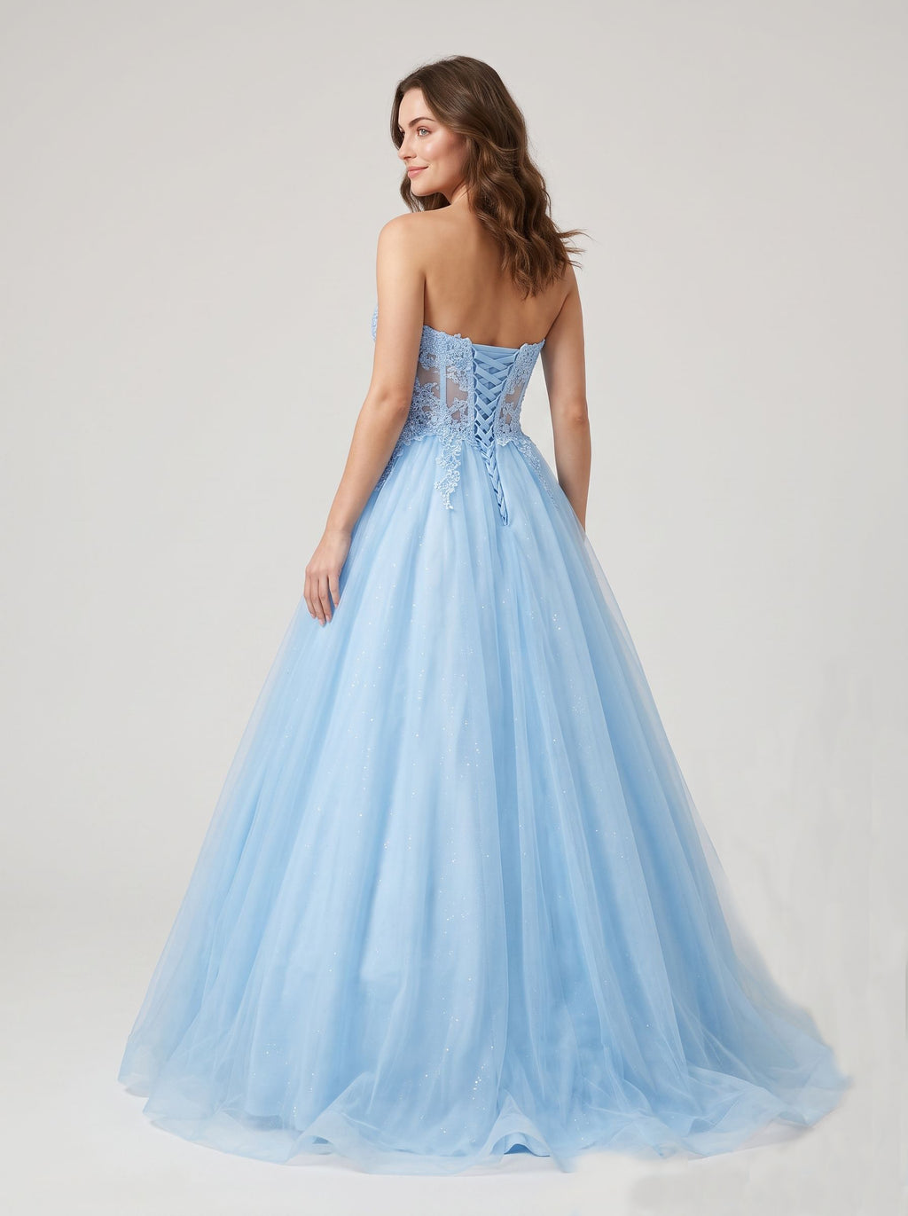 Sky Blue Tulle A-Line Sweetheart Lace-up Floor-Length Dress with Floral Applique