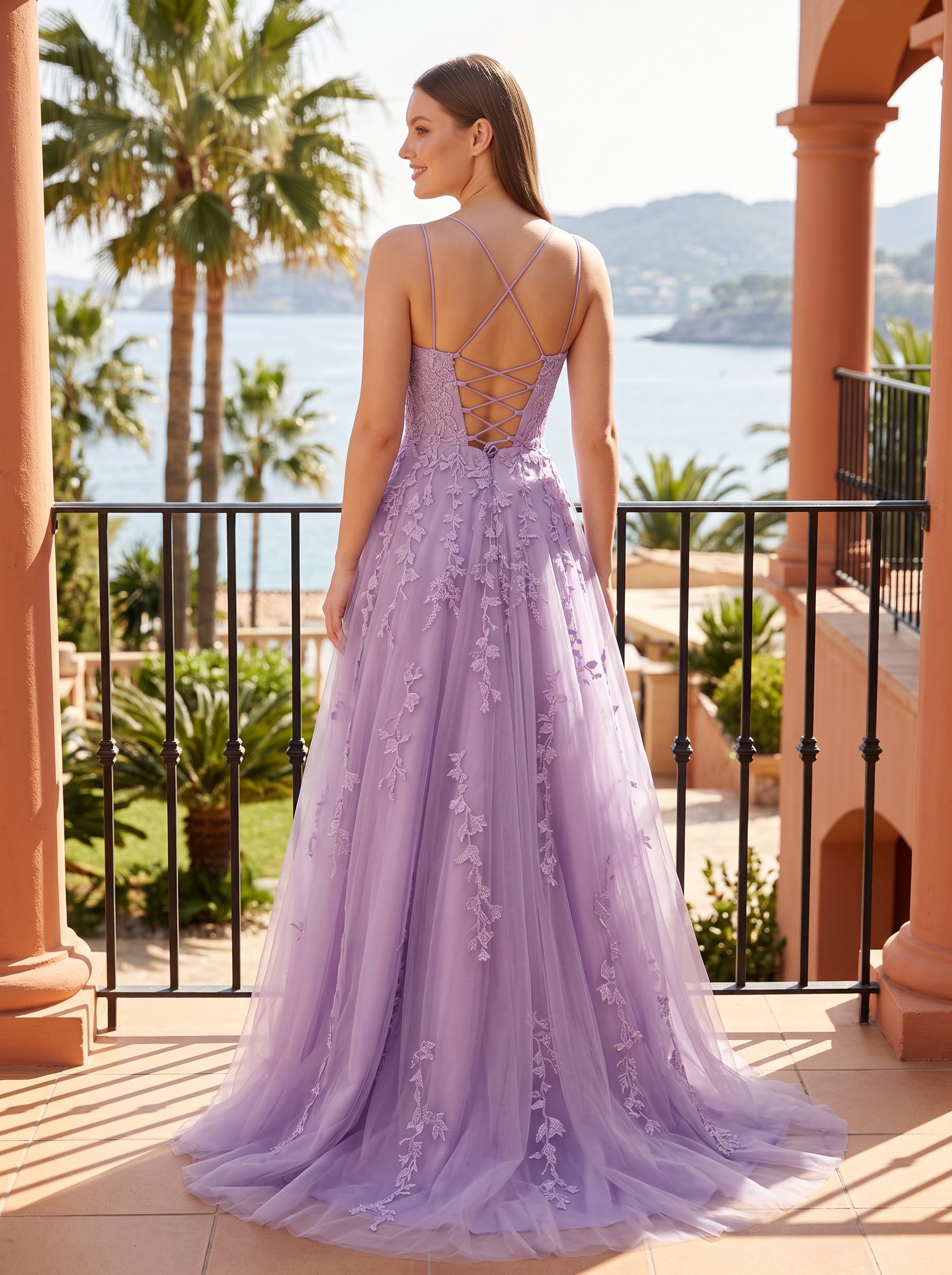 Lilac Tulle A-Line V-Neck Lace-up Floor-Length Dress with Floral Appliques