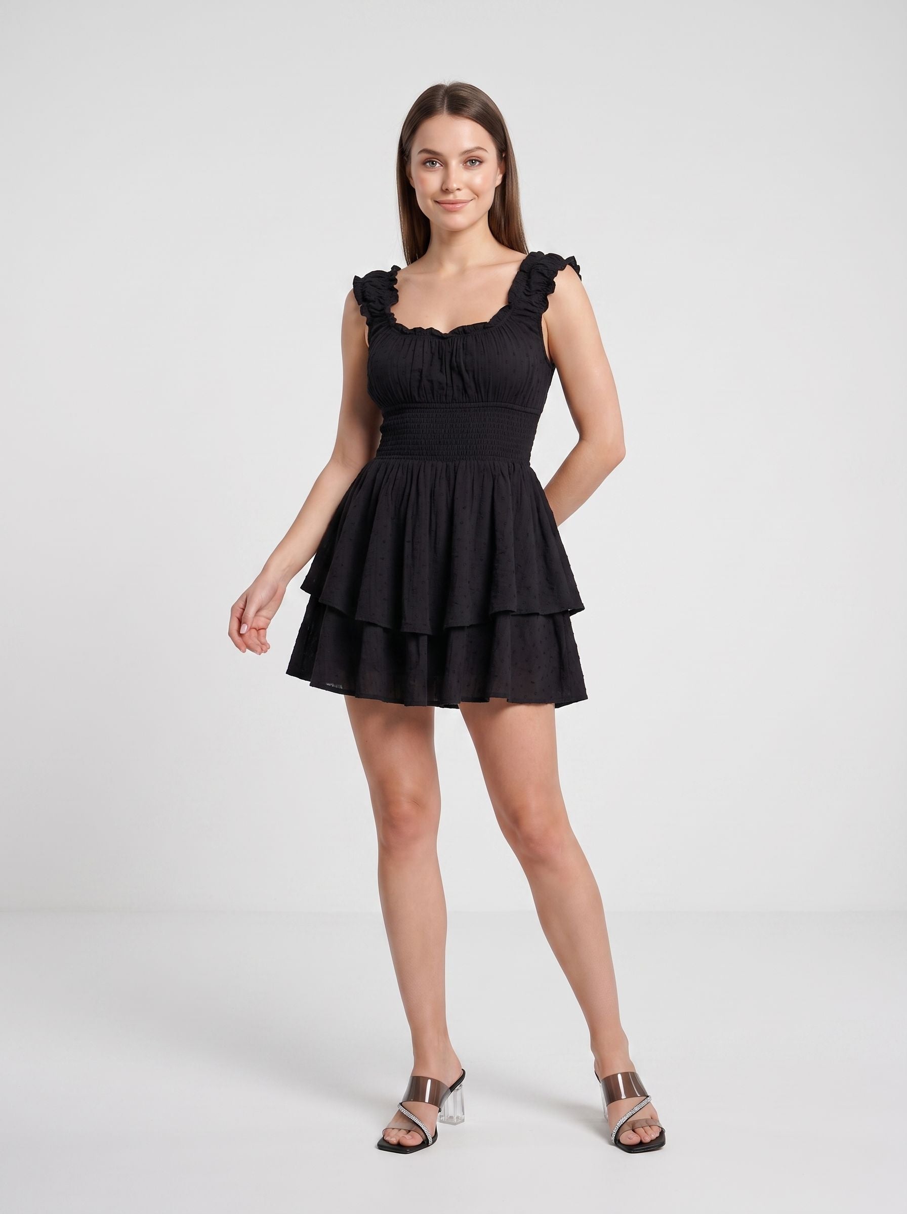 Black Satin A-Line Square Neck Back Zip Short Dress with Ruched Bodice and Layered Skirt