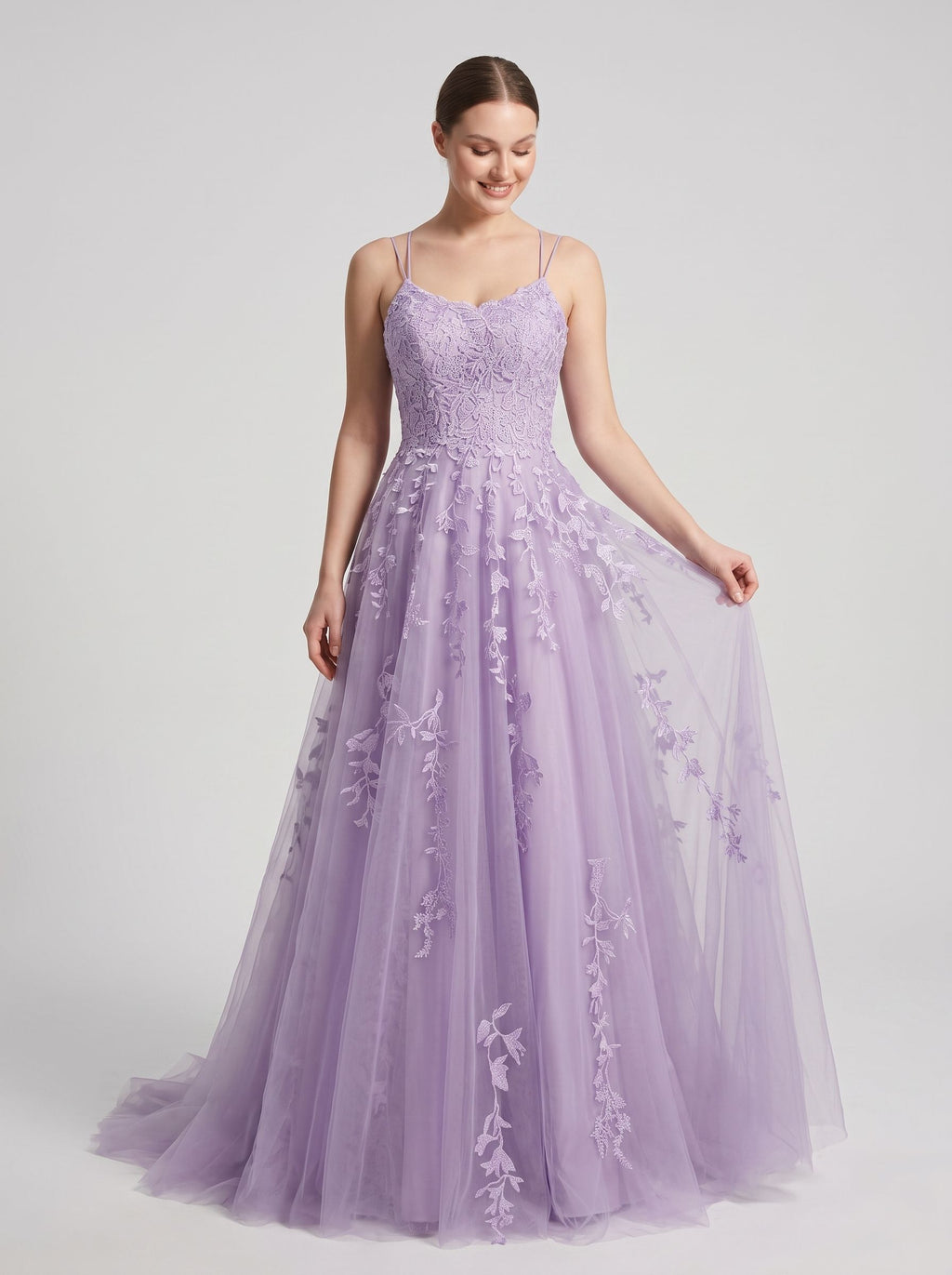 Lilac Tulle A-Line V-Neck Lace-up Floor-Length Dress with Floral Appliques