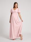 Blushing Pink Chiffon A-Line V-Neck Back Zip Ankle-Length Maternity Bridesmaid Dress
