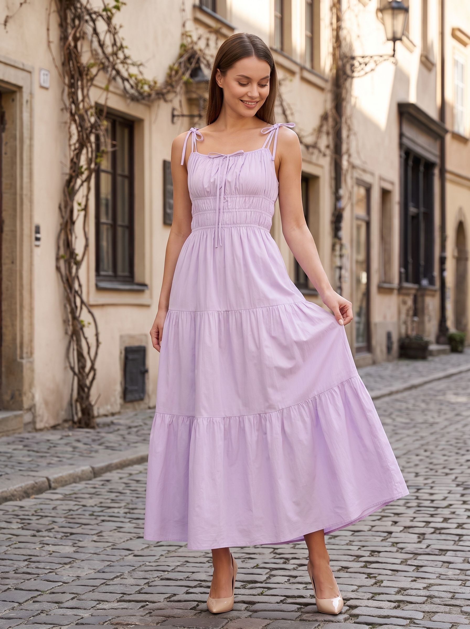 Lavender Matte Satin A-Line Square Neck Backless Ankle-Length Dress with Tiered Skirt and Adjustable Straps