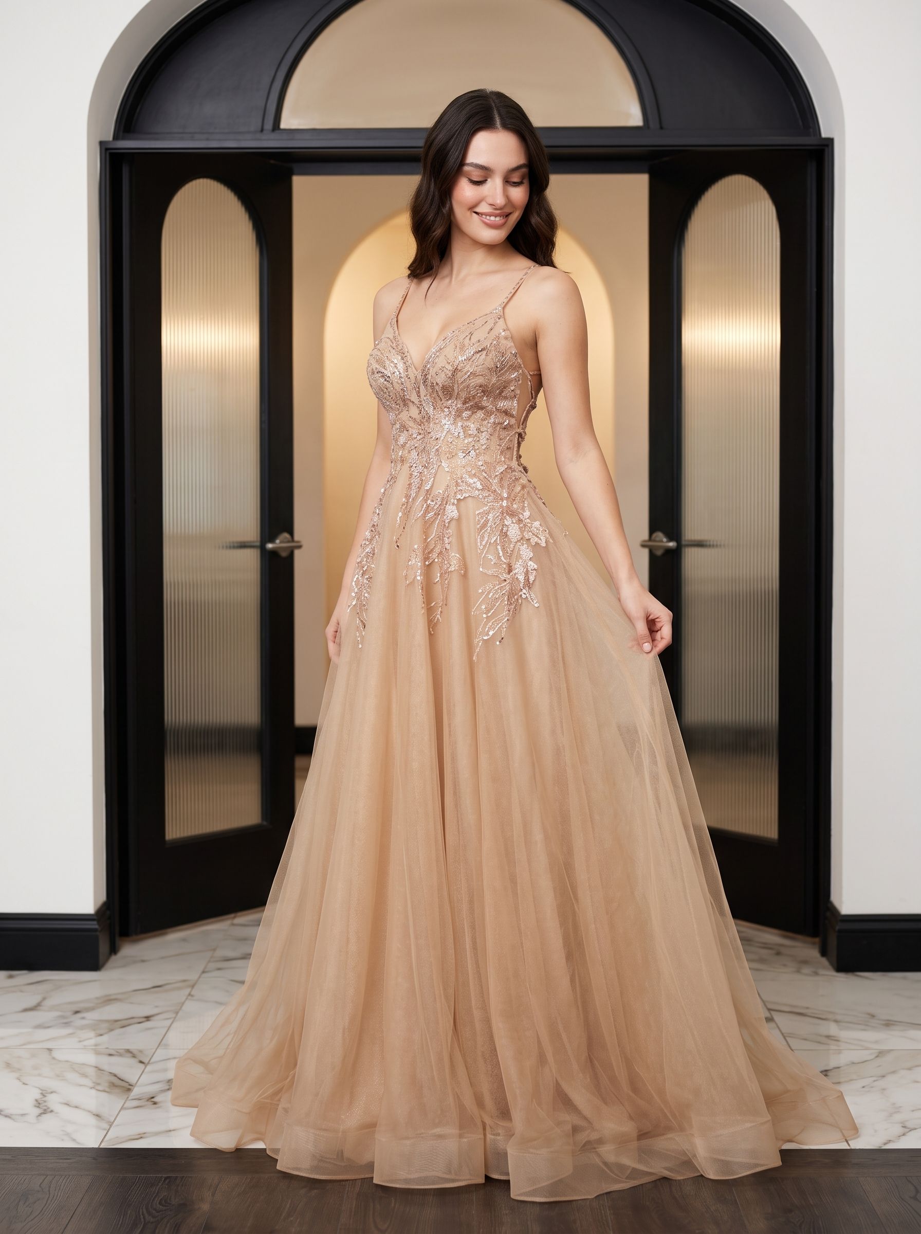 Champagne Tulle A-Line V-Neck Lace-up Floor-Length Dress with Beaded Corset