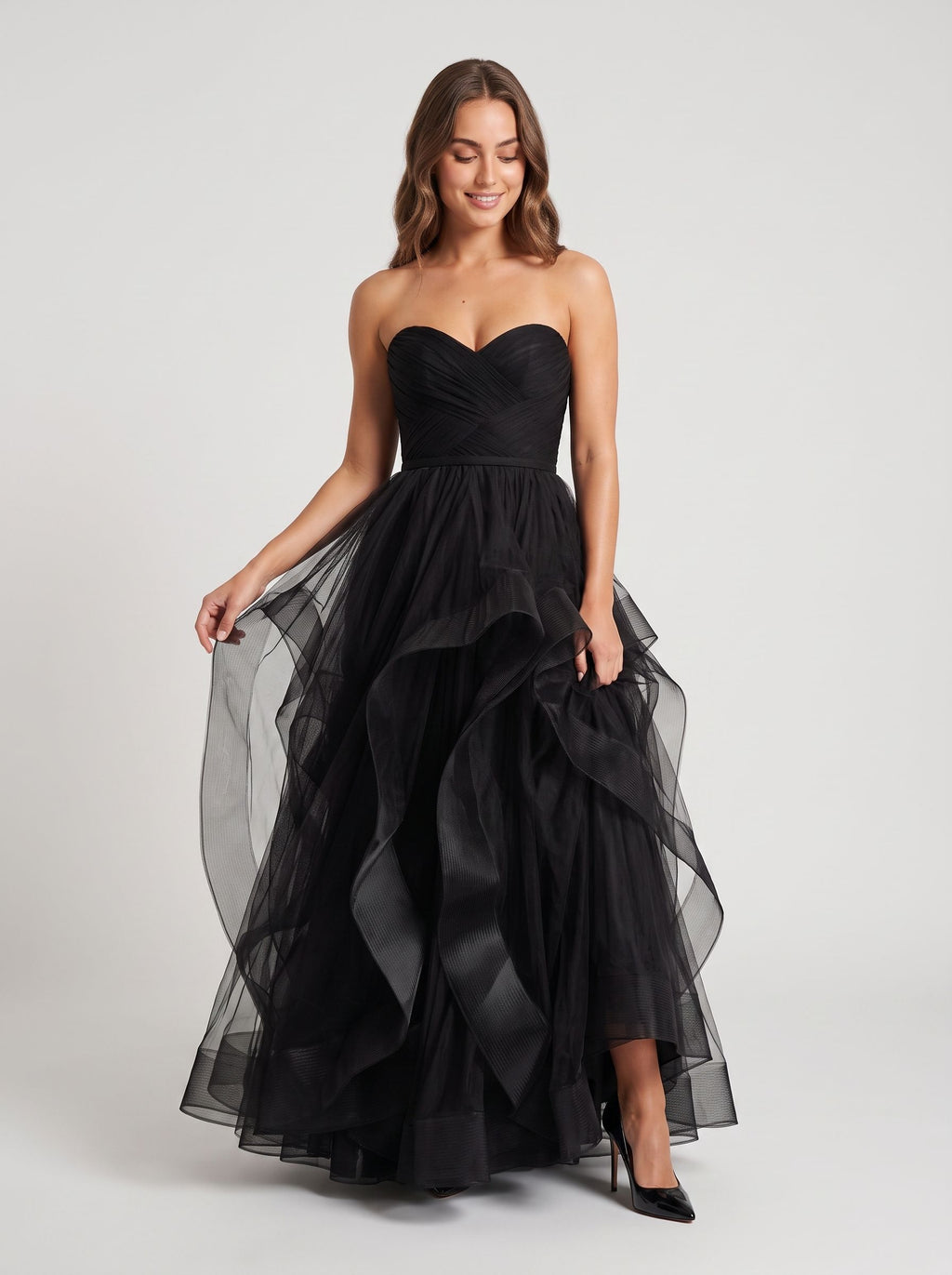 Black Tulle A-Line Sweetheart Back Zip Floor-Length Dress with Ruching and Drape