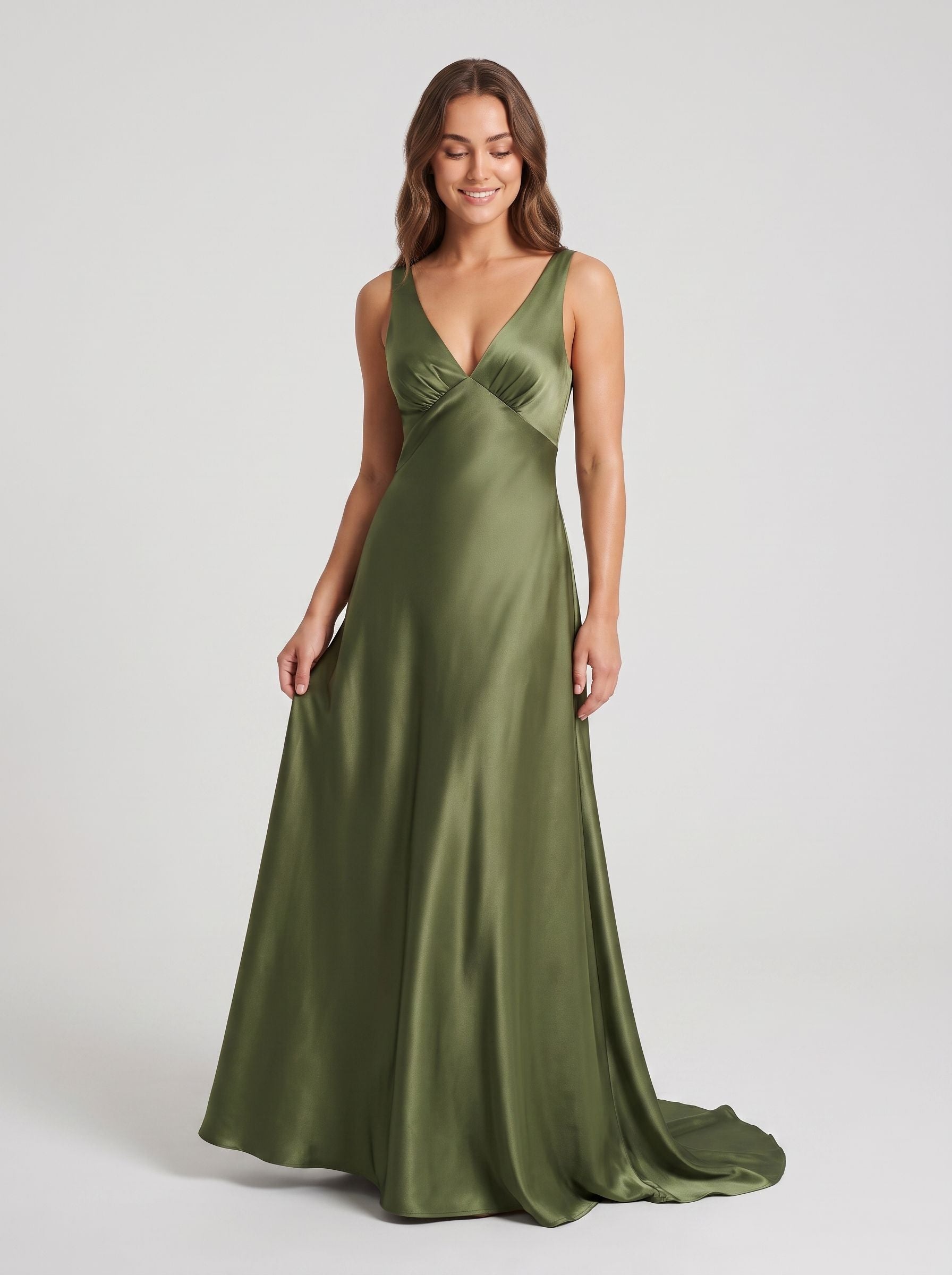 Olive Green Satin A-Line V-Neck V-Back Floor-Length Dress with Pleated Bodice