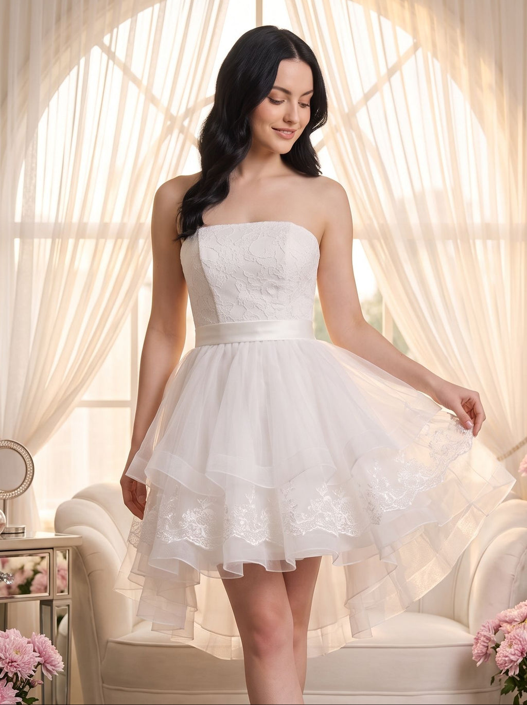 White Tulle A-Line Straight Neck Back Zip Short Dress