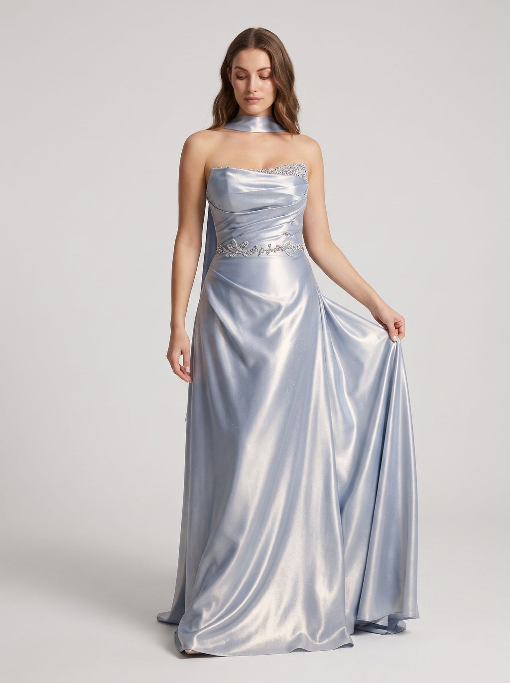 Silver Satin A-Line Straight Neck Criss-Cross Straps Floor-Length Dress with Crystal Belt