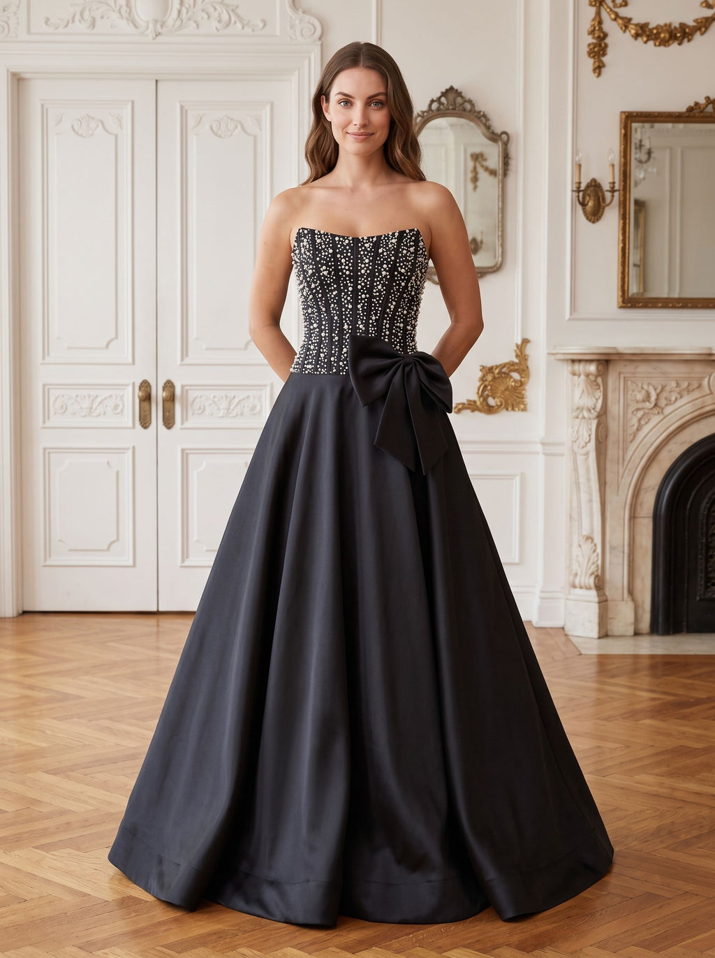 Black Satin A-Line Straight Neck Back Zip Floor-Length Dress with Beaded Bow