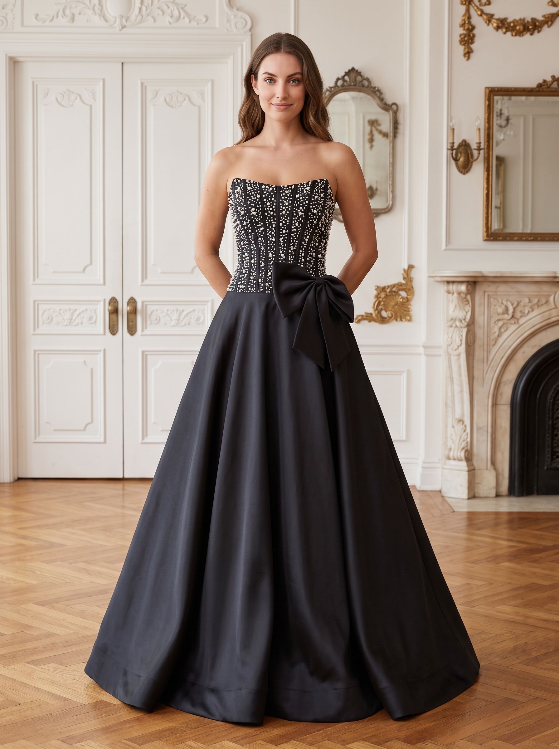 Black Satin A-Line Straight Neck Back Zip Floor-Length Dress with Beaded Bow