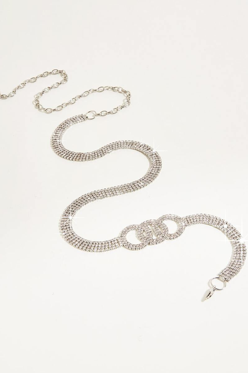 Silver Interlocking Ring Rhinestone Waist Chain Adjustable Sparkly Belt for Women Party Gown