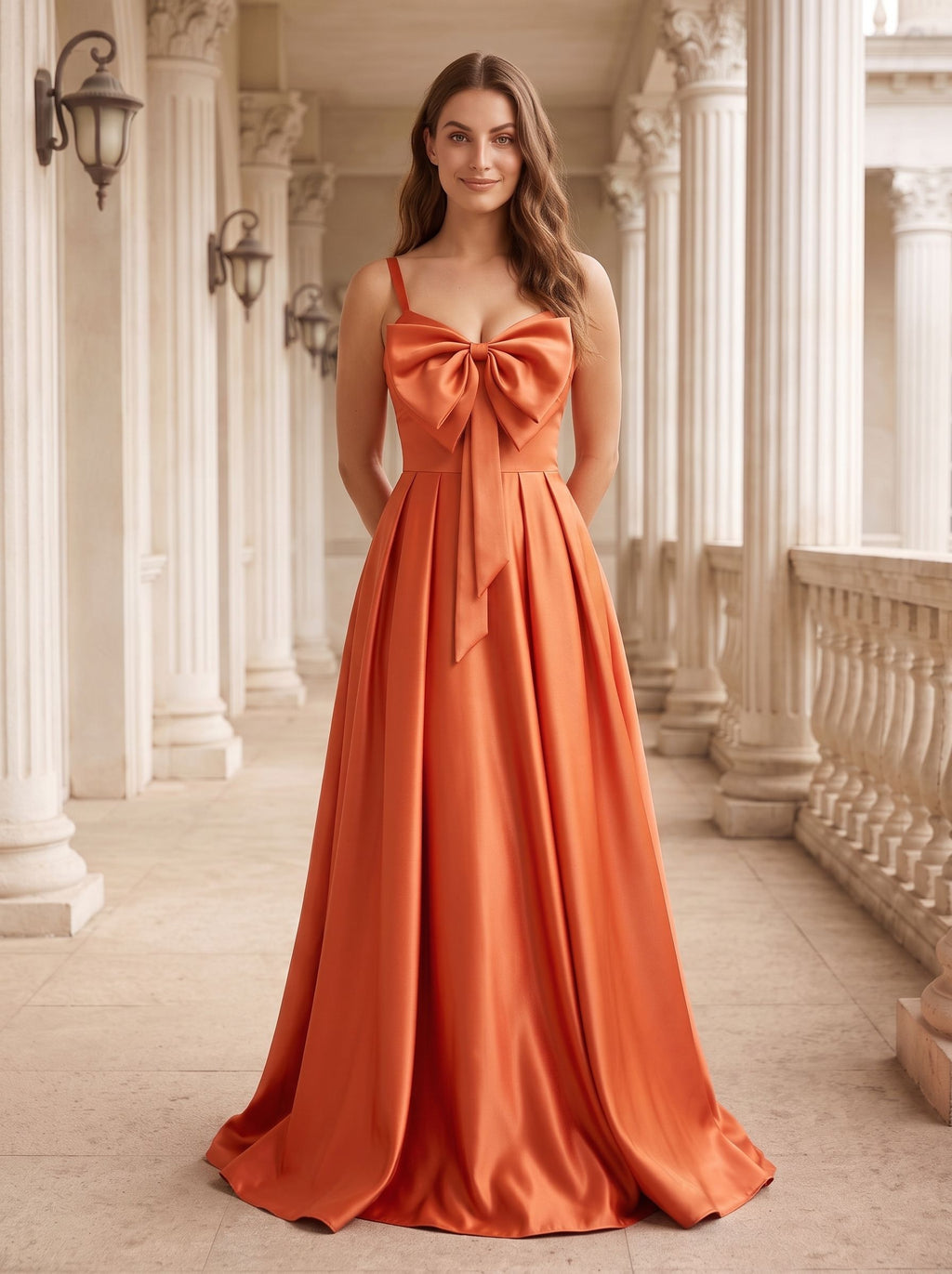 Orange Satin A-Line V-Neck Lace-up Floor-Length Dress with Pleated Bodice